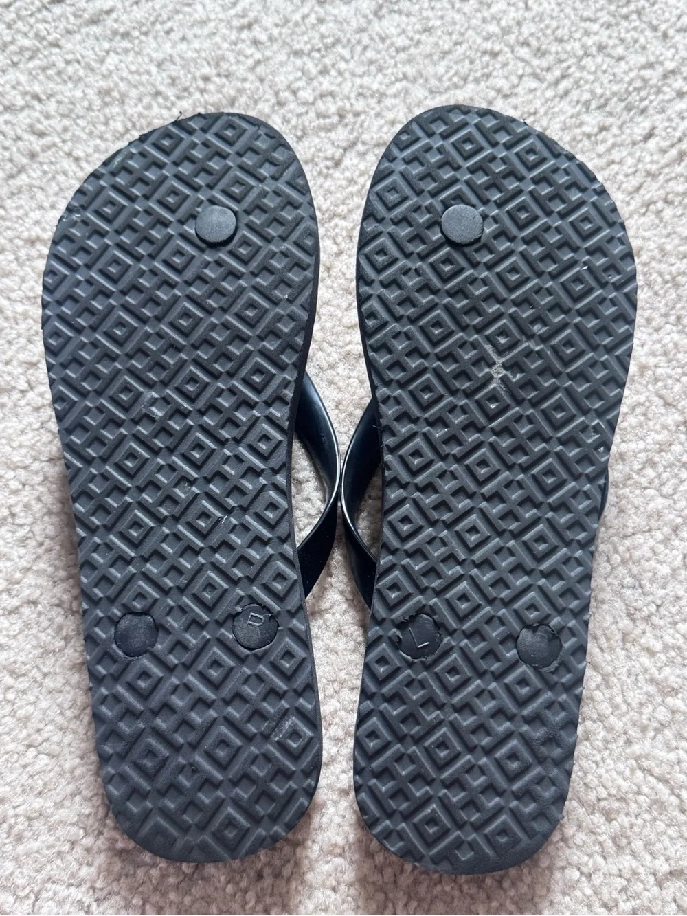 Tory Burch Black Floral Flip Flop Sandals with Gold Emblem